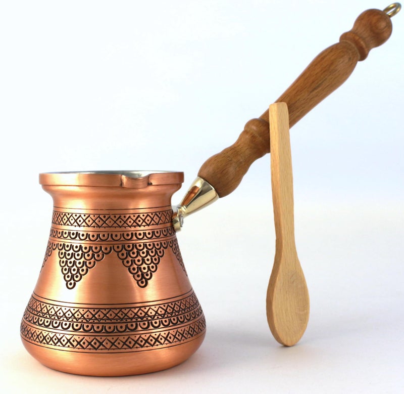 DEDE Copper - PCZ Series (Large-14fl.oz) - Thickest Solid Copper Engraved/Hammered Turkish Greek Arabic Coffee Pot with Wooden Handle, Stovetop Coffee Maker Cezve, Jezve, Jazva, Ibrik, Briki (Matte) - Image 1